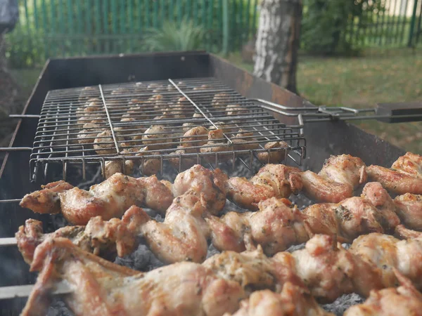 Le ali di pollo sono fritte su un fuoco aperto. C'è fumo tutt'intorno. Barbecue — Foto Stock