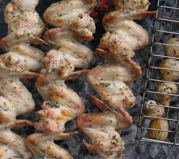 Barbecue met kippenvleugels. Bijna. Zomerdag — Stockfoto
