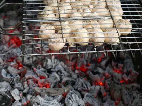 Rauwe champignons op een speciale grill over de kolen. Barbecue. Zomerdag — Stockfoto