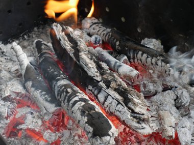 Ateşte yemek pişirmekten neredeyse sönmüş bir yangın. Yaz günü. Közler görünür.