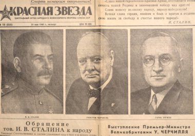 Moscow, Russia - april 30 2021: An old newspaper of the forty-fifth year of the twentieth century talking about the victory over Nazi Germany and the end of the Second World War. There are also three clipart