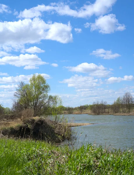 Flodbanken med grönt gräs och blå himmel med vita moln. Vårdagen. Plats för text — Stockfoto