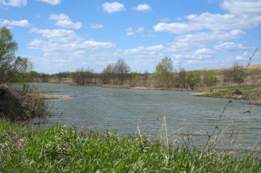Bahar. Nehir ve yeşil çimenler. Mavi gökyüzü ve bulutlar