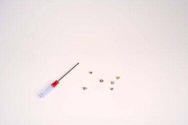 Beyaz arka planda küçük bir tornavida ve küçük vidalar.