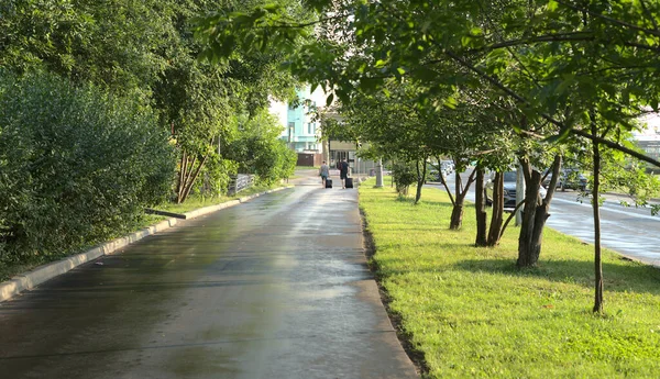 A long road in the park and in the distance tourists with bags on wheels hurrying to the subway. — Zdjęcie stockowe