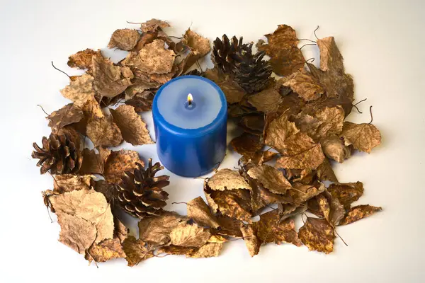 Folhagem amarela do outono e cones da árvore de Natal estão em um fundo branco com uma grande vela queimando no meio — Fotografia de Stock