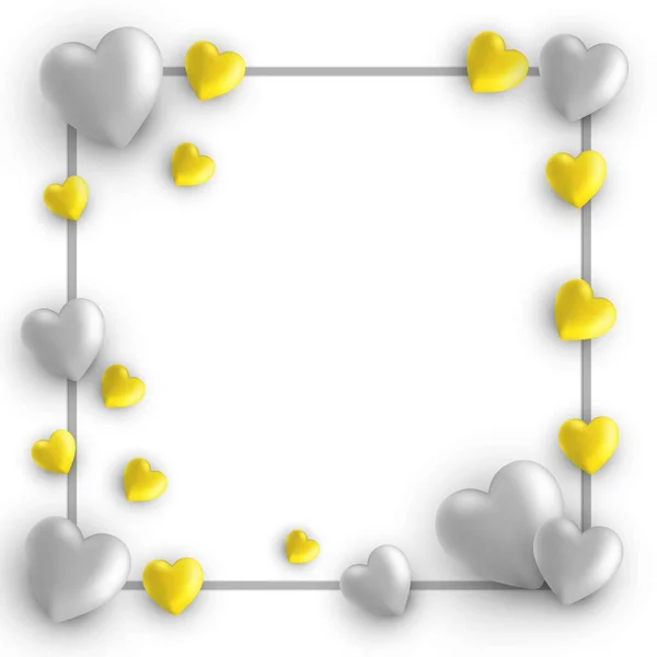 ハッピーバレンタインデーカード トレンドカラーグレーと黄色と白の背景に心を持つフレーム — ストックベクタ