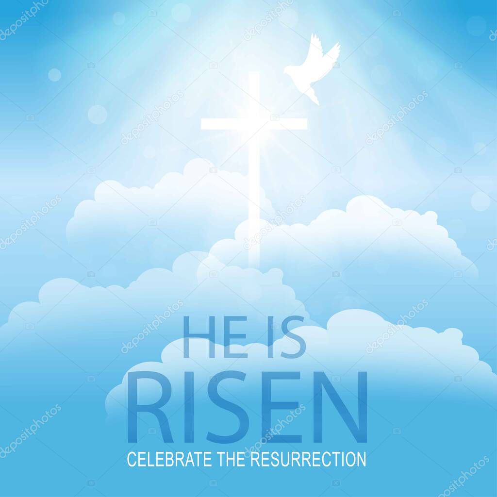 Easter Typographical Banner. He is Risen.Dove with christian cross.Resurrection. Blue background with bright rays and clouds