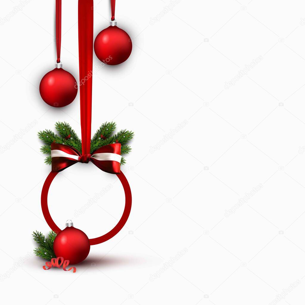 Christmas banner with bow and christmas tree branches. Holiday sale banner. Vector christmas template