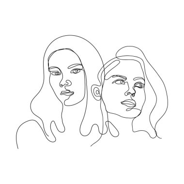 Kadınların yüzlerinin durmaksızın çizildiği çizgi. Yüz çizgisi sanatı. Moda konsepti, kadın güzelliği