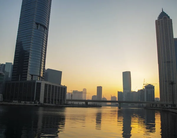 Sunrise at the Dubai water canal. UAE. Outdoor