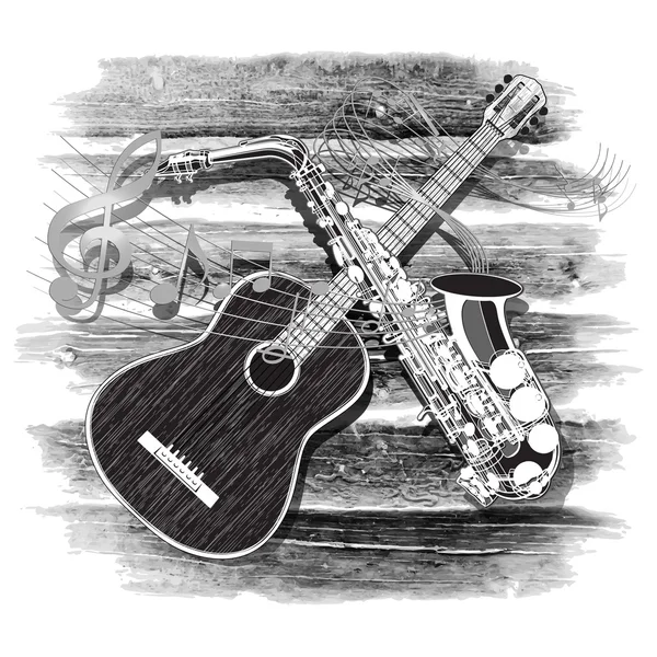 Acoustic guitar and saxophone on the wooden background — Stock Vector