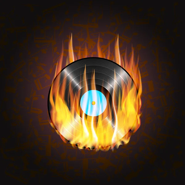 ビニール記録火に音符の背景 — ストックベクタ