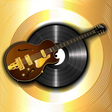 caz gitar ve vinil disk altın bir arka plan üzerinde