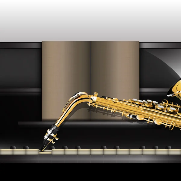 Piano vista frontal close-up e saxofone — Vetor de Stock