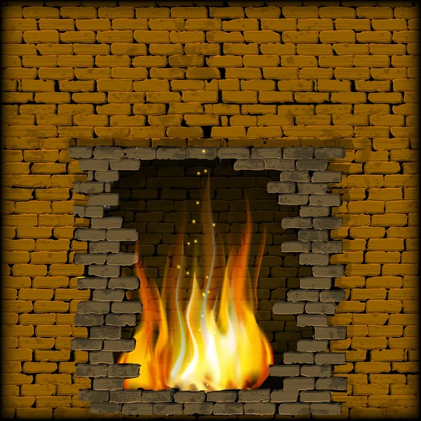 Fireplace fire in the old stone wall — Stock Vector