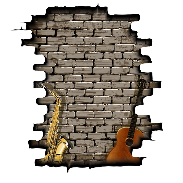 Guitarra y saxofón en la pared de apertura — Vector de stock