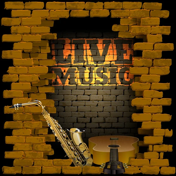 Ζωντανή μουσική με τούβλα τοίχο σαξόφωνο και κιθάρα — Διανυσματικό Αρχείο