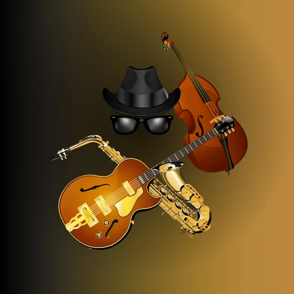 Objetos blues sombrero, gafas e instrumentos musicales — Vector de stock