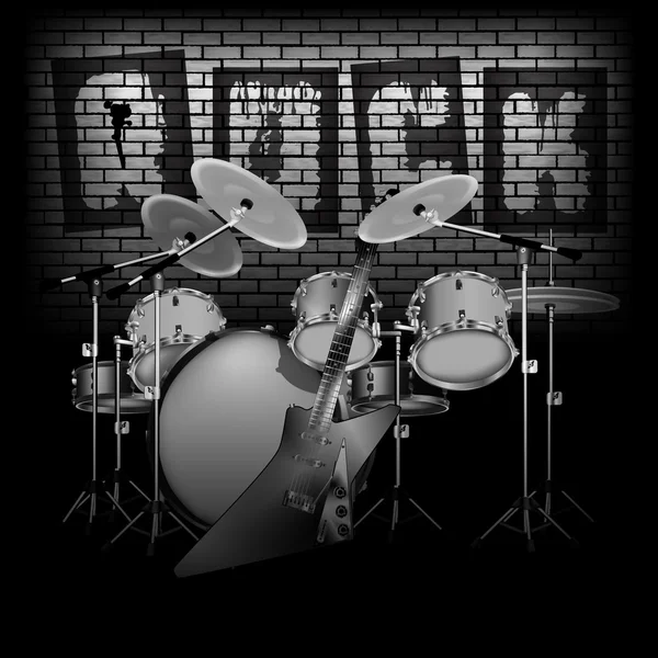 Bateria com guitarra elétrica rock e parede de tijolo — Vetor de Stock