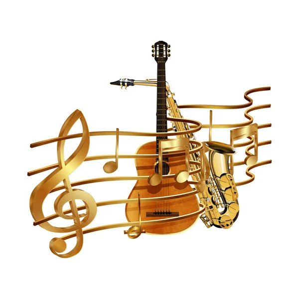 Musical stave volume guitar and saxophone — Stock Vector