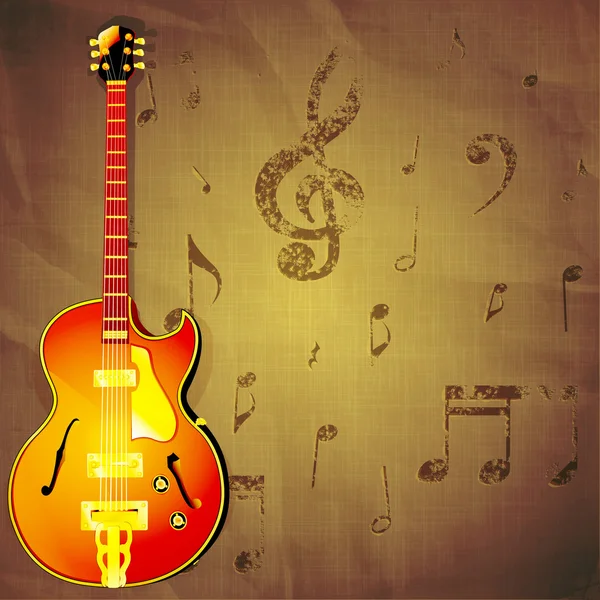 Джазова гітара на паперовому фоні з музичними нотами — стоковий вектор