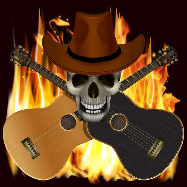 Schedel in een cowboy hoed met gekruiste gitaren — Stockvector