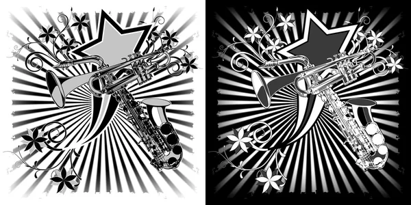 Saxophone et trompette noir blanc clipart — Image vectorielle