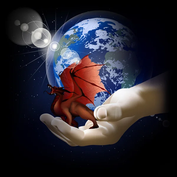 Roter Drache auf einer Hand auf einem Hintergrund der Erde — Stockvektor