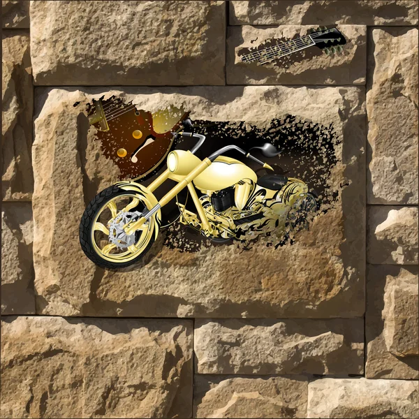 Motocicleta en una pared de piedra — Vector de stock