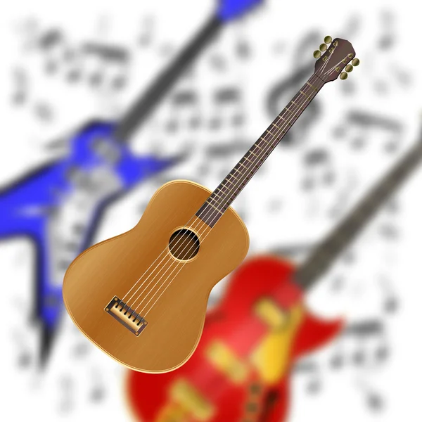 Chitarra acustica sullo sfondo di chitarre elettriche — Vettoriale Stock