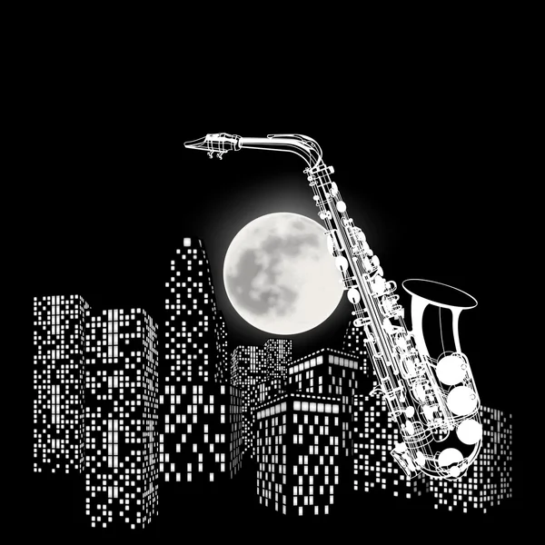 Саксофон на фоне луны и города — стоковый вектор