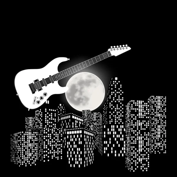 Electric guitar on a background the moon and city — Stock Vector