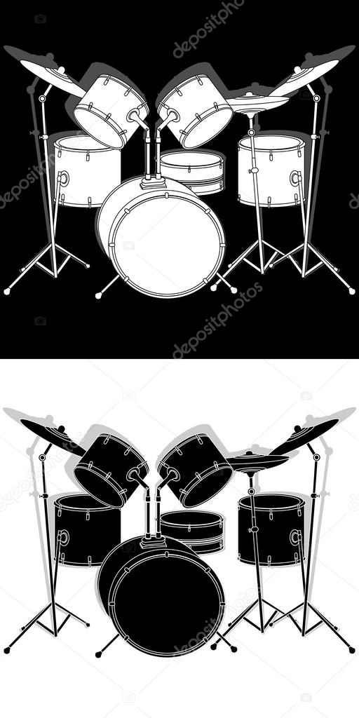 drum set black and white with shadow