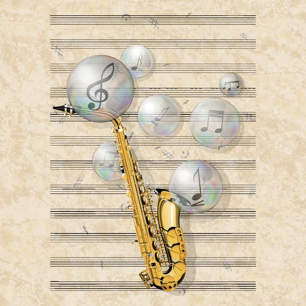 Muzikale achtergrond met saxofoon en zeepbellen — Stockvector