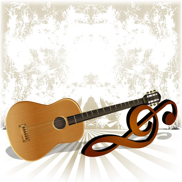 Acoustic guitar rests on the treble clef — Stock Vector