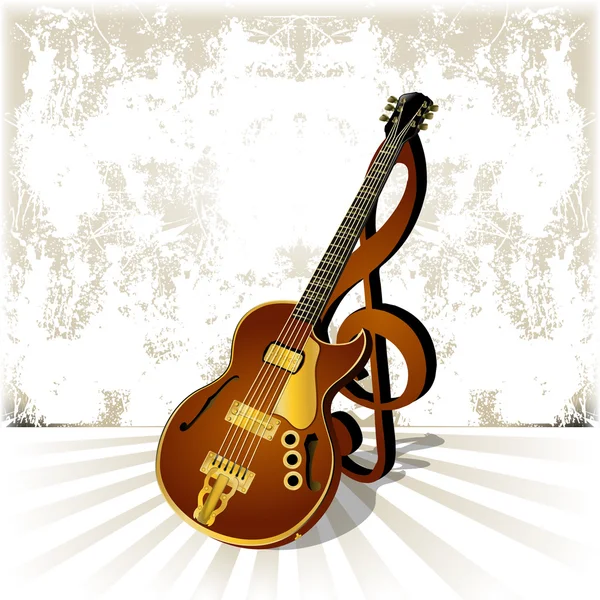 Tiz nota anahtarı ve grunge zemin üzerine gölge ile caz gitar — Stok Vektör