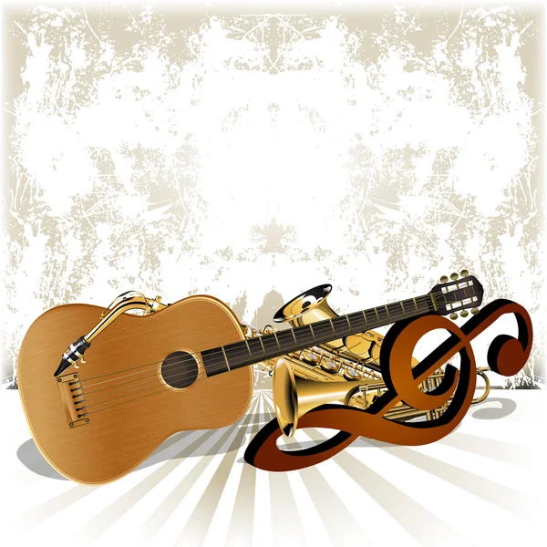 Acoustic guitar rests on the treble clef trumpet and saxophone — Stock Vector