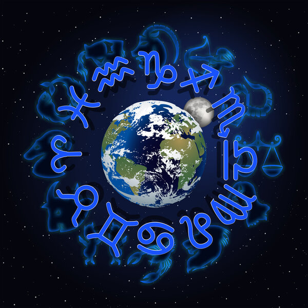 знаки зодиака вокруг планеты Земля и Луна
