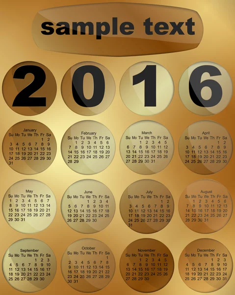 Календарь 2016 на золотом фоне — стоковый вектор