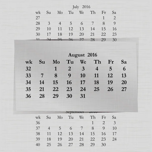 Kalendermonat für 2016 August — Stockvektor