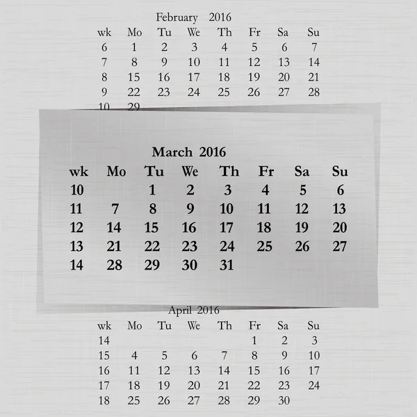 Calendar month for 2016 pages March start Monday — Stock Vector