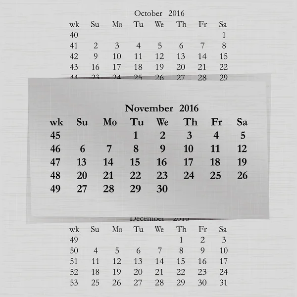 Календарный месяц за 2016 страницы Ноябрь — стоковый вектор