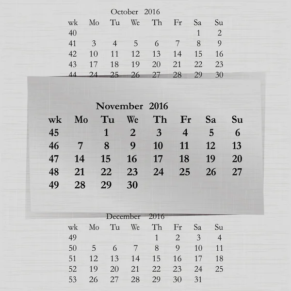Календарный месяц за 2016 страницы Ноябрь начало понедельник — стоковый вектор