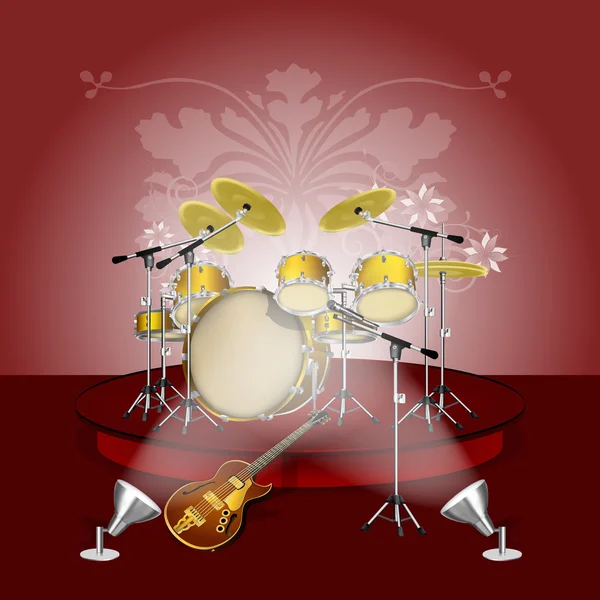 Drum kit on the pedestal with lighting — Stock Vector