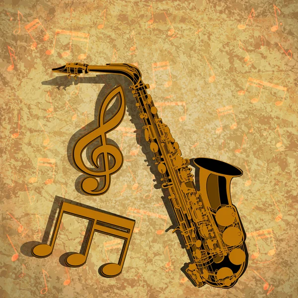 Saxofoon treble clef en muzikale noot op textuur achtergrond — Stockvector