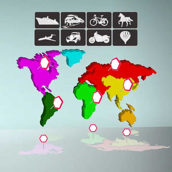 Kaart van de wereld van de infographics met iconen van vervoer — Stockvector