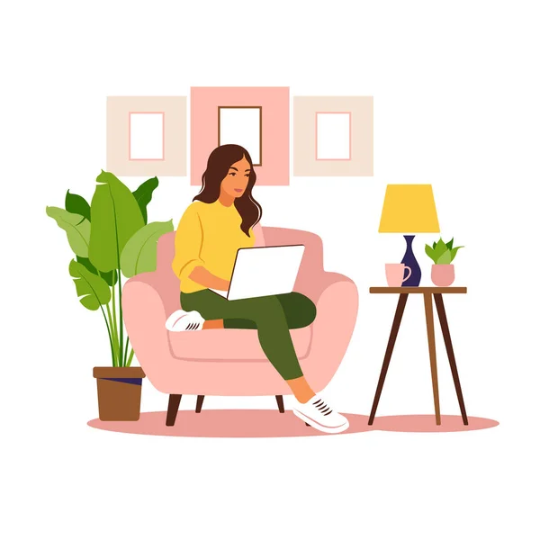 Mulher Sentada Com Laptop Ilustração Conceito Para Trabalhar Estudar Educação — Vetor de Stock