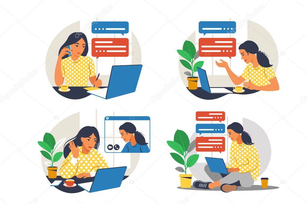 Girl with laptop on the armchair. Working on a computer. Freelance, online education or social media concept. Working from home, remote job. Flat style. Vector illustration. Blue interior. Set.