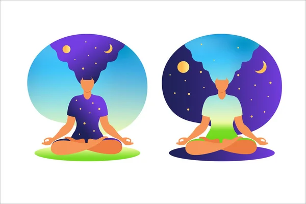 Vrouw mediterend met de natuur achtergrond en haar haar omhoog. Meditatie concept. Vrouw in lotuspositie die meditatie beoefent. in lotushouding. Vector illustratie in platte stijl. — Stockvector